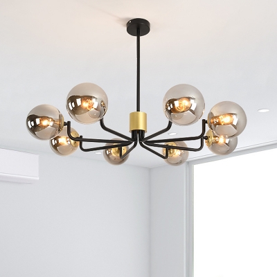 Contemporary 8 Lights Pendant with Grey Glass Shade Brass Globe Chandelier Lamp for Living Room