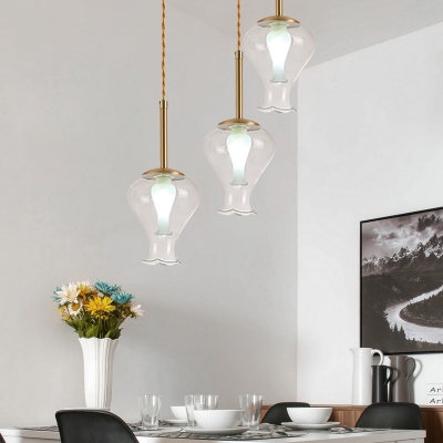 Contemporary Vase Down Lighting Clear Glass 3-Bulb Dining Room Cluster Pendant Lamp in Brass