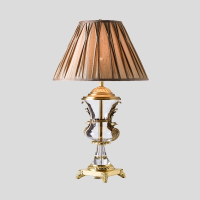 Fabric Cone Table Light Modern 1 Bulb Light Brown Desk Lamp with Carved Gold Metal Base