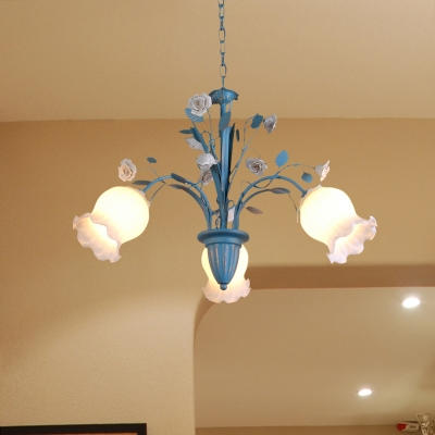 Frosted Glass Blue Pendant Chandelier Scalloped 3/5/6 Lights Countryside Down Lighting for Bedroom