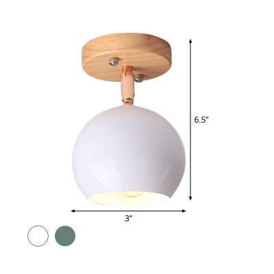 Globe Corridor Flush Ceiling Light Modern 1 Head White/Green Finsih Adjustable Semi Flush Mount Lamp with Wood Canopy