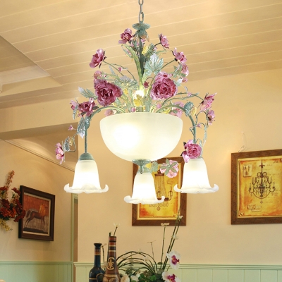 Green 5/7 Lights Chandelier Lighting Antique Metal Bowl Ceiling Light with Flower Decor for Dining Room