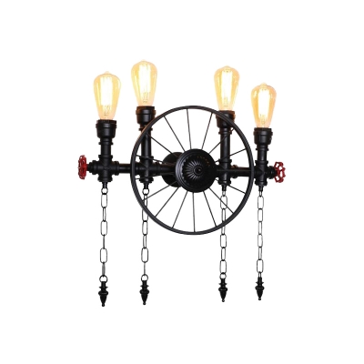 Industrial Wheel Sconce 4 Heads Metallic Wall Mount Pipe Light in Black with Chain