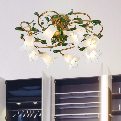 Lily/Tulip Bedroom Ceiling Lamp Vintage Metal 6/8 Bulbs Brass LED Semi Flush Mount Light Fixture