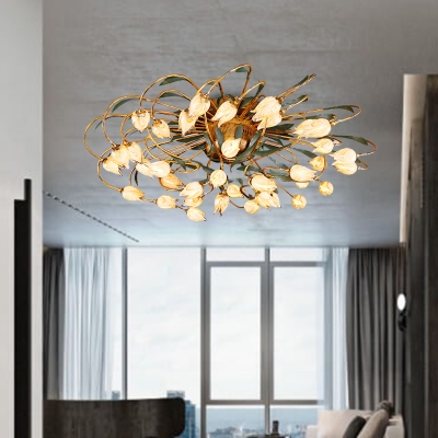 Metal Brass Ceiling Fixture Tulip 38 Bulbs Pastoral LED Semi Flush Light for Living Room