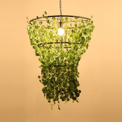 Metal Cage Hanging Ceiling Light Retro 1 Bulb Restaurant LED Suspension Lamp in Black with Plant
