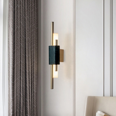Metal Slim Tube Wall Lighting Contemporary LED Sconce in Brass with Rectangle Green Marble Deco