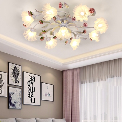 Metal White Ceiling Lighting Scalloped 4/6/7 Bulbs Korean Flower Semi Flush Mount Light for Living Room