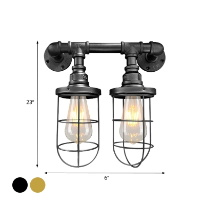 Metal Wire Cage Wall Light Fixture Industrial 2-Bulb Coffee Shop Sconce Lamp in Black/Brass