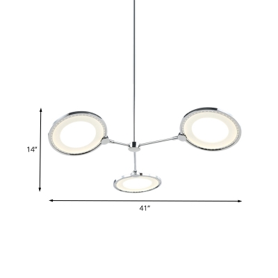 Metallic Ring Chandelier Lighting Modernism 3-Head LED Ceiling Hang Fixture in Chrome