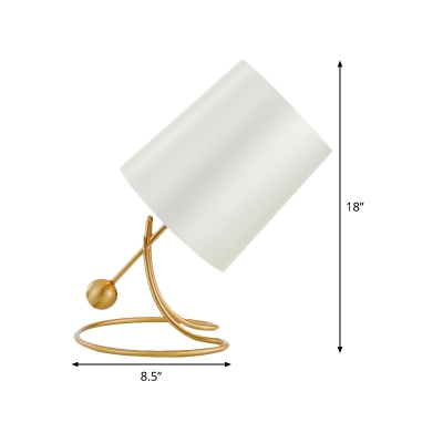 Modern Barrel Table Light Fabric 1 Bulb Reading Lamp in White with Gold Curved Metal Base