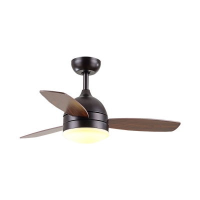 Modern Dome Semi Flush Lighting LED Metallic Ceiling Fan Lamp in Black/White with 3 Wood Blades, 42