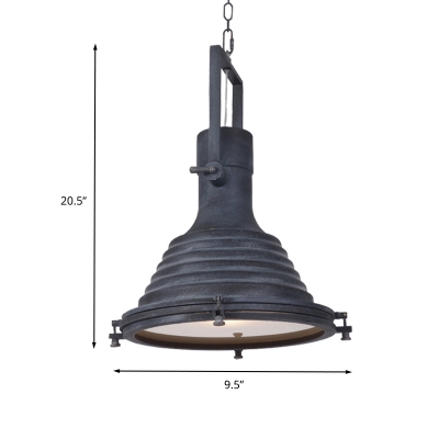Ribbed Cone Kitchen Drop Pendant Lamp Farmhouse Iron 1-Bulb Black Ceiling Light with Handle