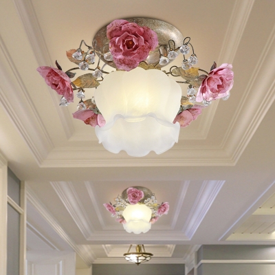 Rose Hallway Ceiling Lamp Vintage Metal 1 Bulb White Semi Flush Mount Light Fixture