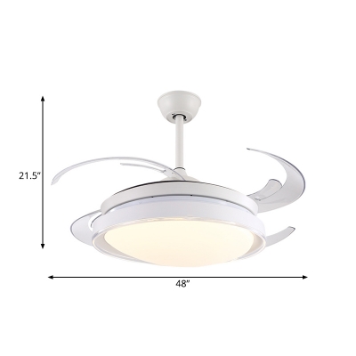 Round Bedroom Hanging Fan Light Modernist Acrylic Shade LED White Semi Flush Lamp Fixture with 4 Blades, 48