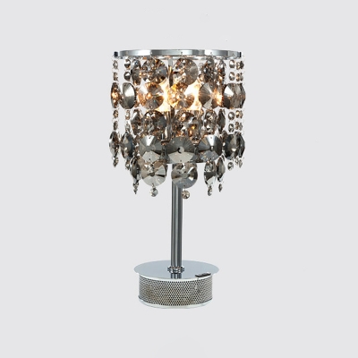 Smoke Gray Crystal Cylinder Task Light Modern 2 Bulbs Nightstand Lamp with Metal Base