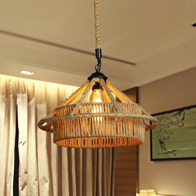 Straw Hat Rope Pendant Light Fixture Industrial 1 Light Restaurant Ceiling Lamp in Beige