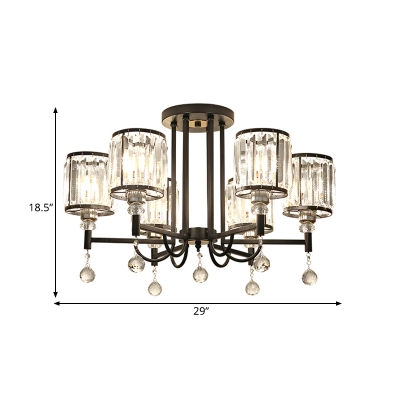 Traditional Black Semi Flush Ceiling Light Drum Shade 3/6/8 Heads Metal Crystal Ceiling Lamp for Bedroom
