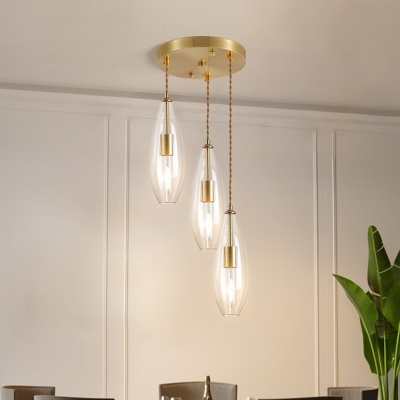 Waterdrop Clear Glass Hanging Light Kit Simple 3-Head Brass Multi Light Pendant with Round Canopy