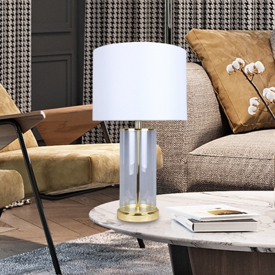 White Drum Task Lighting Contemporary 1 Bulb Fabric Night Table Lamp for Bedroom