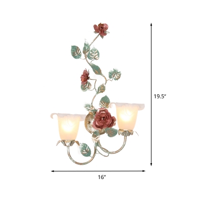 1/2 Lights Opal Glass Wall Sconce Countryside Green Bell Bedroom Wall Mounted Light with Rose Decor