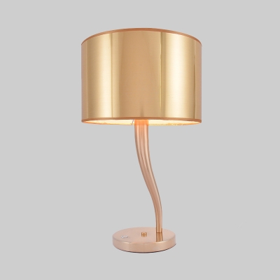 1 Head Drum Table Light Modernist Fabric Small Desk Lamp in Gold with Metal Round Base