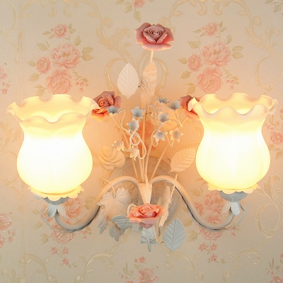 2 Bulbs Wall Sconce Traditional Floral Metal Wall Light Fixture in Pink/Yellow/Blue for Living Room