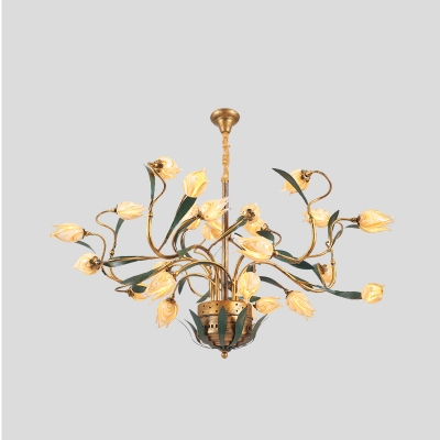 25 Bulbs Frosted Glass Chandelier Country Style Brass Tulip Living Room LED Pendant Lighting Fixture