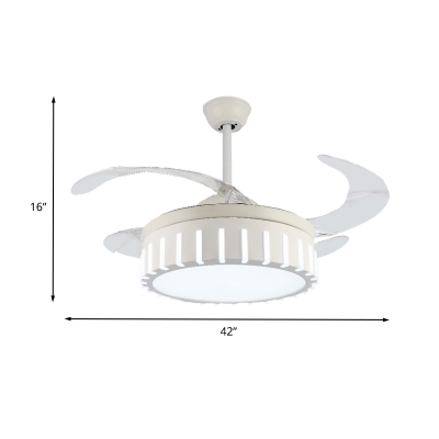 4-Blade Drum Metal Hanging Fan Lamp Modernism Living Room LED Semi Flush Mount Light in White with Acrylic Shade, 42