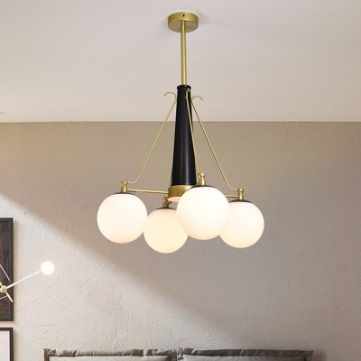 4 Bulbs Bedroom Pendant Light Fixture Modern Brass and Black Chandelier with Bubble White Frosted Glass Shade