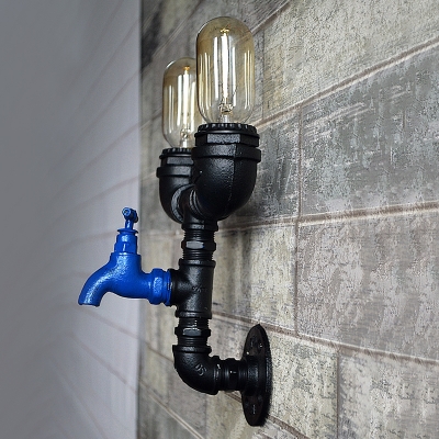 Antiqued Pipe Sconce Light Fixture 2-Bulb Metal Wall Mounted Lamp in Black with Blue Water Tap Deco