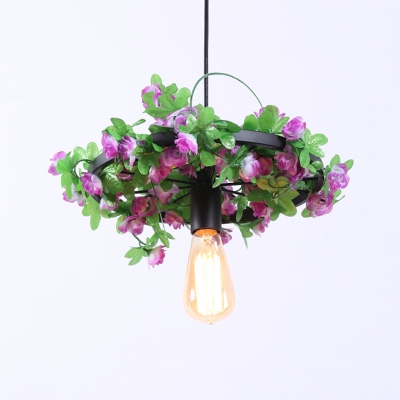 Bare Bulb Metal Suspension Pendant Antique 1 Head Restaurant LED Flower Ceiling Light in Black