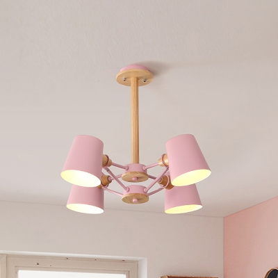 Barrel Flushmount Lighting Contemporary Metal 4 Bulbs Living Room Semi Flush Lamp Fixture in Pink/Yellow with Wood Rod