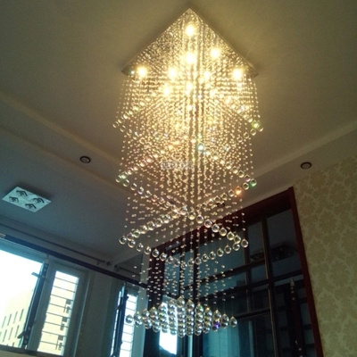 Beveled Crystal Square Cluster Pendant Modern 13 Bulbs Silver LED Hanging Light for Living Room