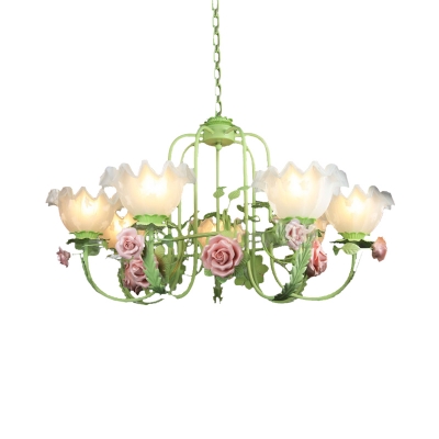 Country Style Rose Chandelier Lamp 5/7 Lights Metal Hanging Pendant Light in White/Green for Restaurant
