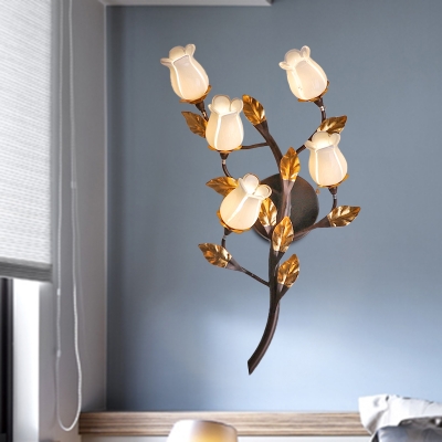 Dark Brown 5 Bulbs Wall Lighting Vintage Metal Lotus/Lily/Tulip LED Wall Mount Light Fixture for Living Room