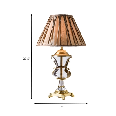Fabric Cone Table Light Modern 1 Bulb Light Brown Desk Lamp with Carved Gold Metal Base