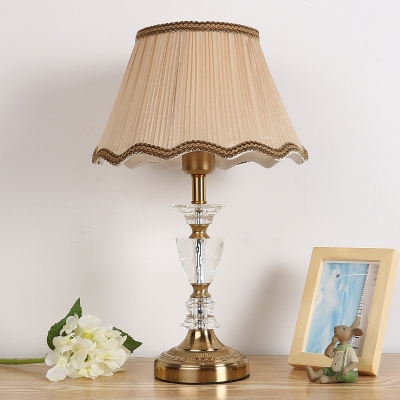 Fabric Tapered Table Light Modern 1 Bulb Small Desk Lamp in Gold with Braided Trim