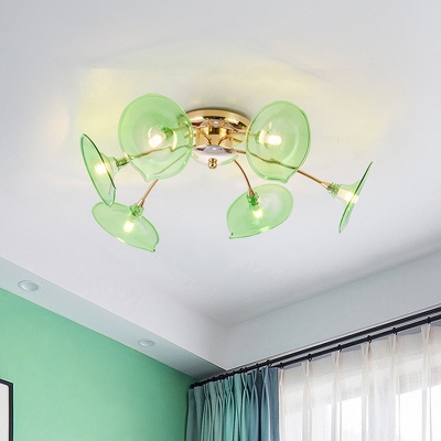 Flared Flushmount Lighting Modernism Green/Amber Glass 6 Heads Living Room Semi Flush Lamp