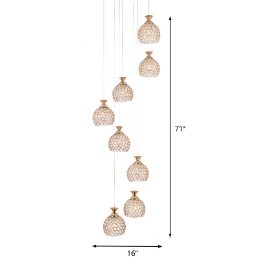 Global Clear Crystal Cluster Pendant Contemporary 8 Bulbs Brass Hanging Ceiling Light for Stair