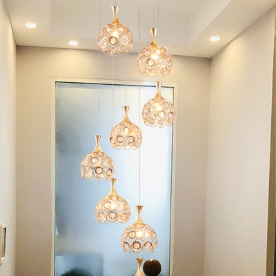 Gold Globe Multi Light Pendant Modernist 8 Bulbs K9 Crystal Down Lighting for Stair