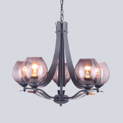 Grey Glass Bud Chandelier Pendant Lamp Modernism 5-Head LED Ceiling Hang Fixture with Metal Slim Panel Arm