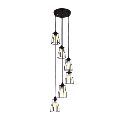 Industrial Cage Suspension Lighting Metal 6 Bulbs Living Room Multi Light Pendant in Black
