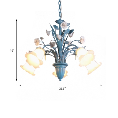 Korean Garden Floral Ceiling Chandelier 3/5/6 Bulbs Opal Glass Pendant Lighting Fixture in Blue