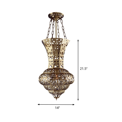 Metal Brass Pendant Lighting Fixture Hollow 1-Bulb Traditional Hanging Ceiling Light for Restaurant