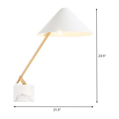 Metal Conical Table Light Modern 1 Bulb Task Lighting in White with Cylinder Marble Base