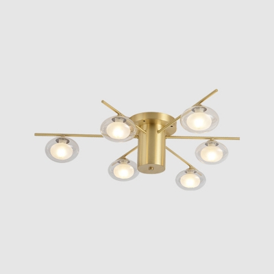 Metal Sputnik LED Flush Lighting Modernism 6 Bulbs Brass Ceiling Flush Mount with Oval Clear Glass Shade