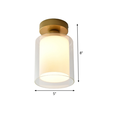 Minimalist 1 Head Flush Lamp with Clear and Inner White Glass Shade Brass Cylinder Flush Mounted Light