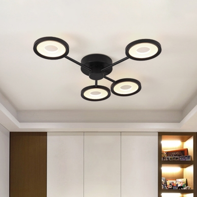 Modernist Circle LED Flush Ceiling Light Acrylic 4 Bulbs Bedroom Semi Flush Mounted Lamp in Black