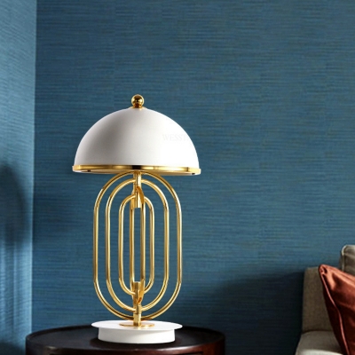 Oblong Metal Desk Lamp Modernism 1 Bulb Gold Table Light with Hemisphere White Shade